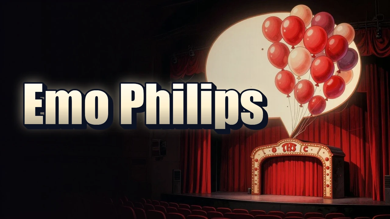 Illustrated event poster for Emo Philips