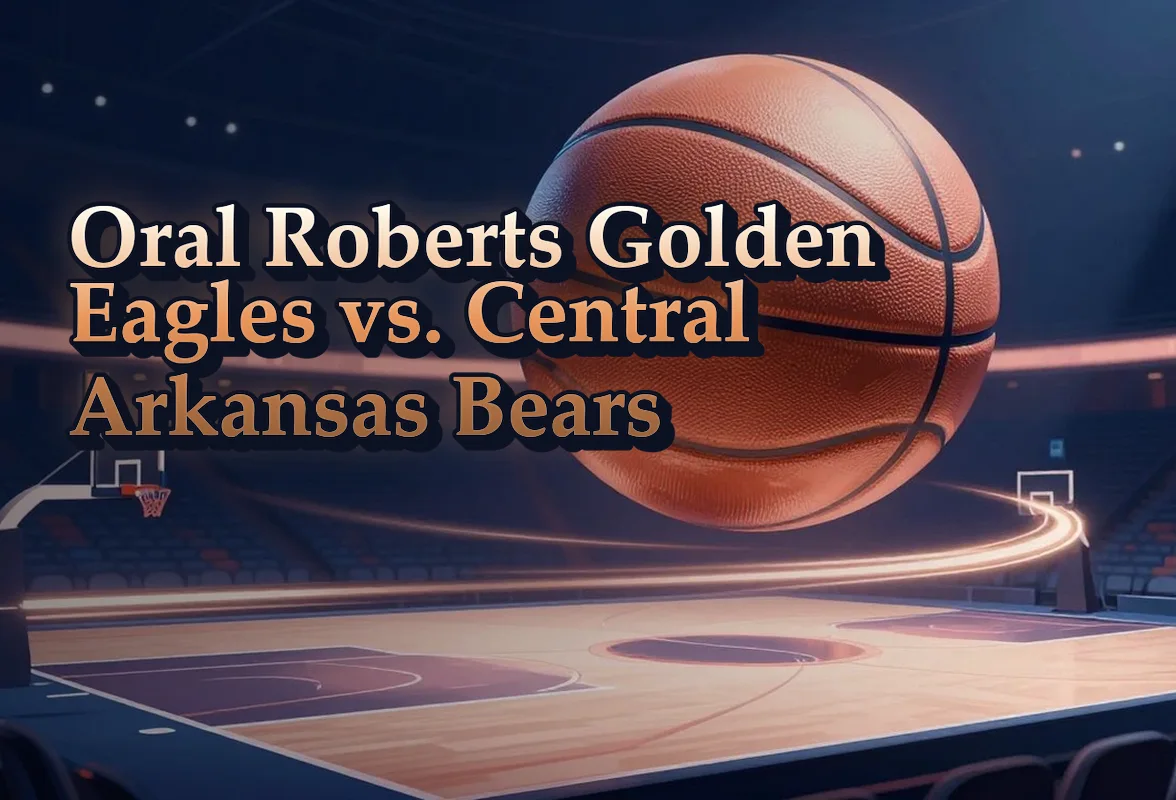 Illustrated event poster for Oral Roberts Golden Eagles vs. Central Arkansas Bears