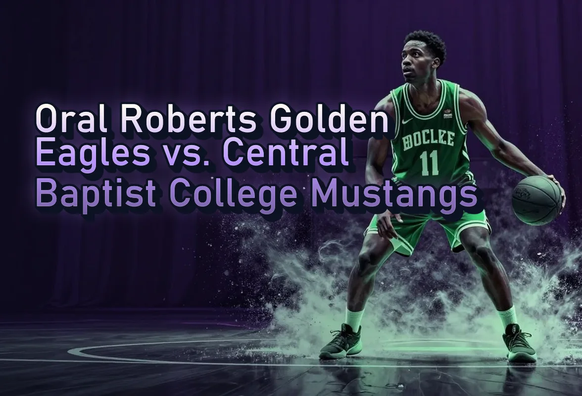 Illustrated event poster for Oral Roberts Golden Eagles vs. Central Baptist College Mustangs