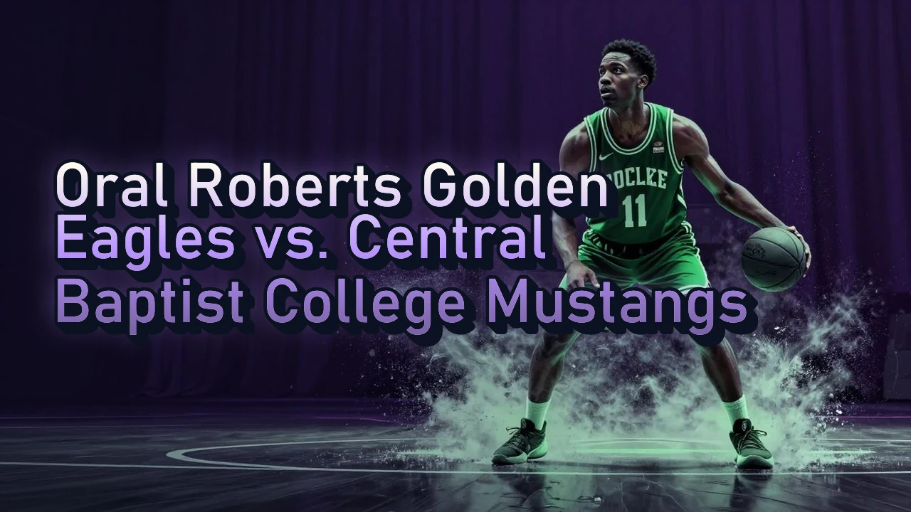 Illustrated event poster for Oral Roberts Golden Eagles vs. Central Baptist College Mustangs