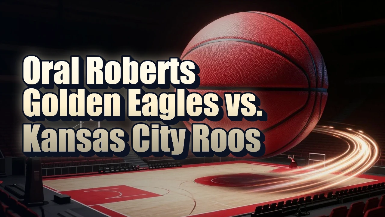 Illustrated event poster for Oral Roberts Golden Eagles vs. Kansas City Roos