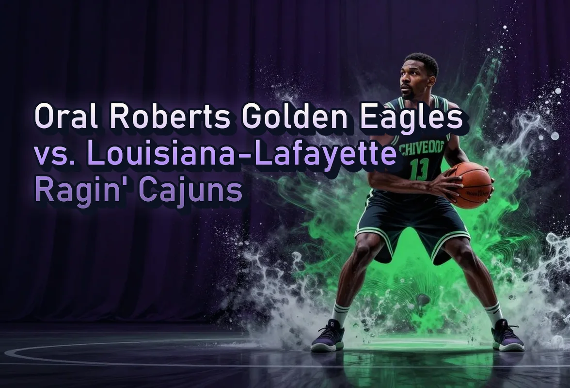 Illustrated event poster for Oral Roberts Golden Eagles vs. Louisiana-Lafayette Ragin' Cajuns