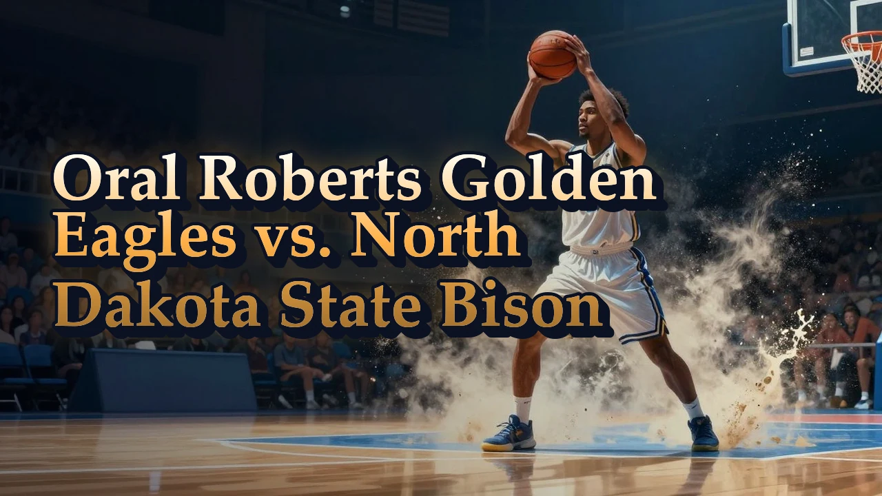Illustrated event poster for Oral Roberts Golden Eagles vs. North Dakota State Bison