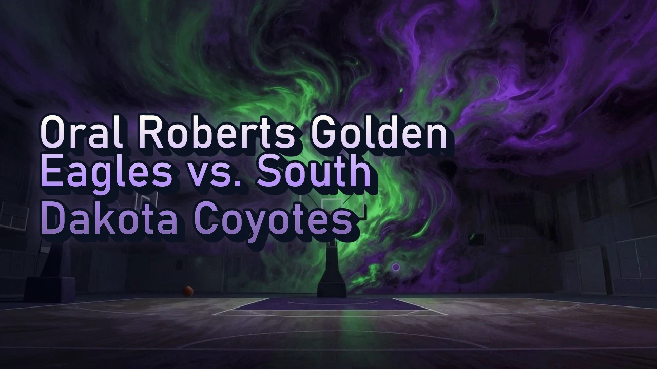 Illustrated event poster for Oral Roberts Golden Eagles vs. South Dakota Coyotes