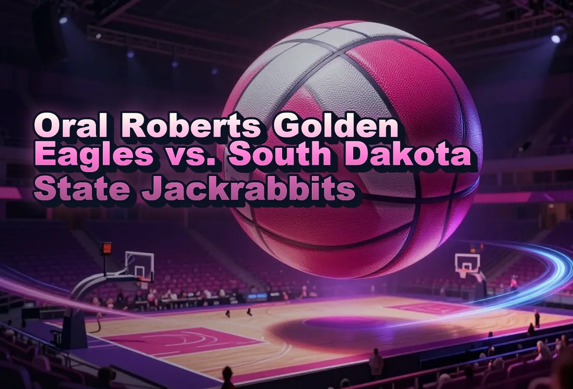 Illustrated event poster for Oral Roberts Golden Eagles vs. South Dakota State Jackrabbits