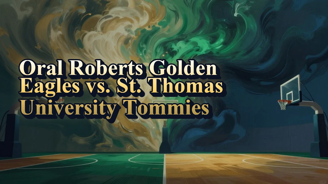 Illustrated event poster for Oral Roberts Golden Eagles vs. St. Thomas University Tommies