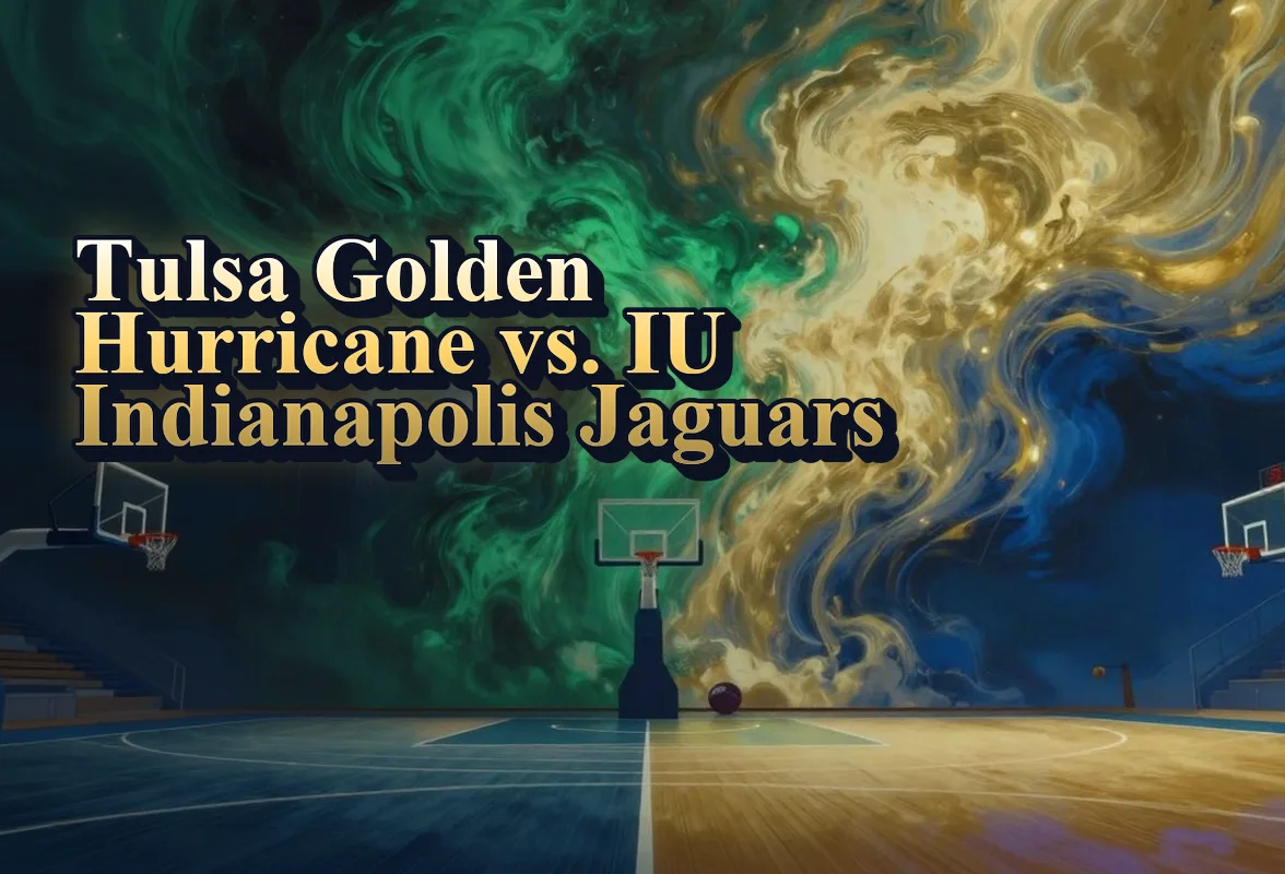 Illustrated event poster for Tulsa Golden Hurricane vs. IU Indianapolis Jaguars