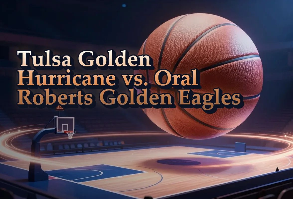 Illustrated event poster for Tulsa Golden Hurricane vs. Oral Roberts Golden Eagles