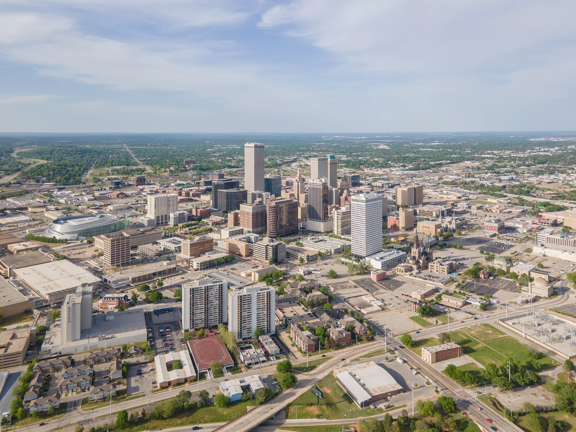 Aerial view of downtown Tulsa and its event venues