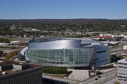 Aerial view of BOK Center in downtown Tulsa in 2024