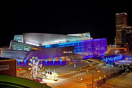 BOK Center exterior illuminated at night