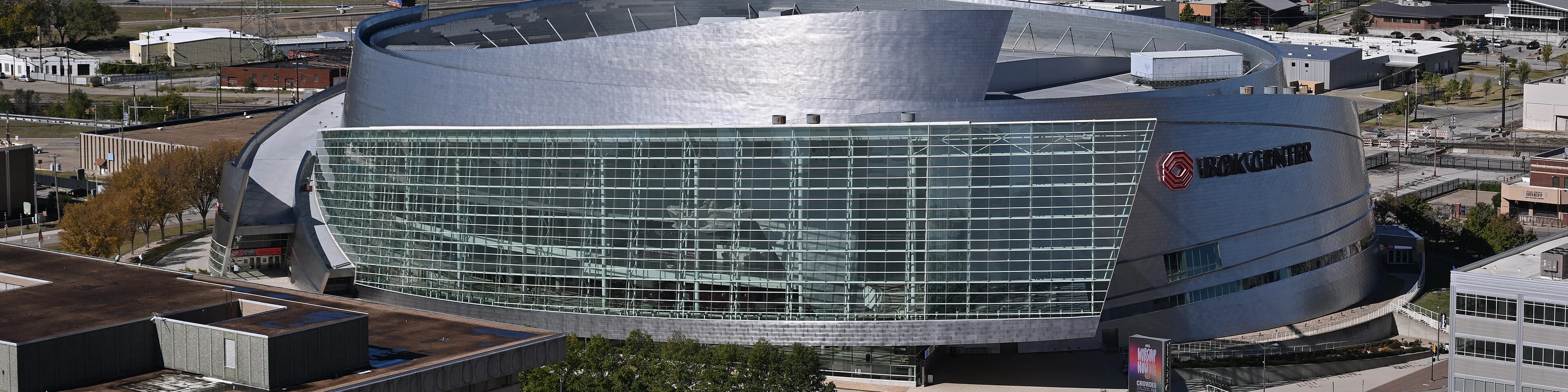 Aerial view of BOK Center in downtown Tulsa in 2024