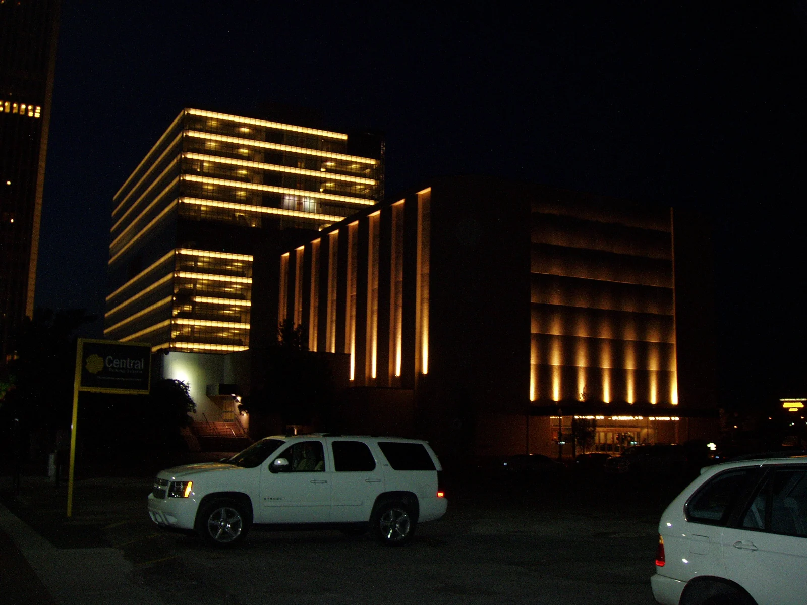 Historic nighttime view of Tulsa Performing Arts Center in 2008
