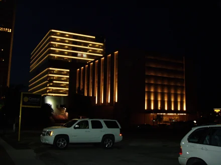 Historic nighttime view of Tulsa Performing Arts Center in 2008